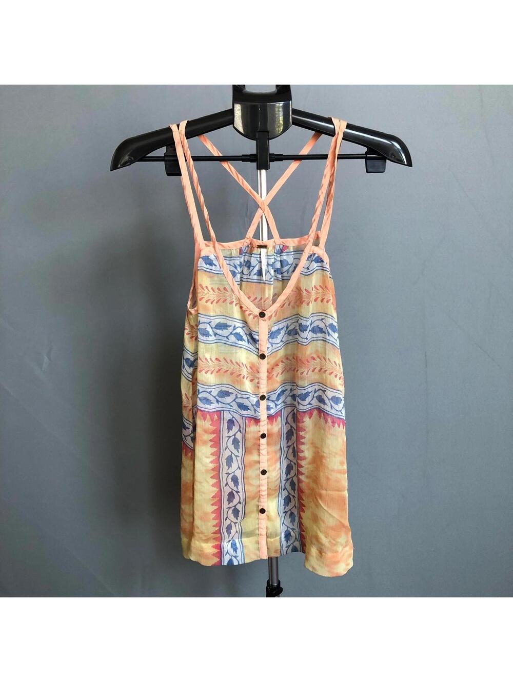 Free People Boho Sheer Tank Top M Multicolor Geometric Floral Strappy Crop